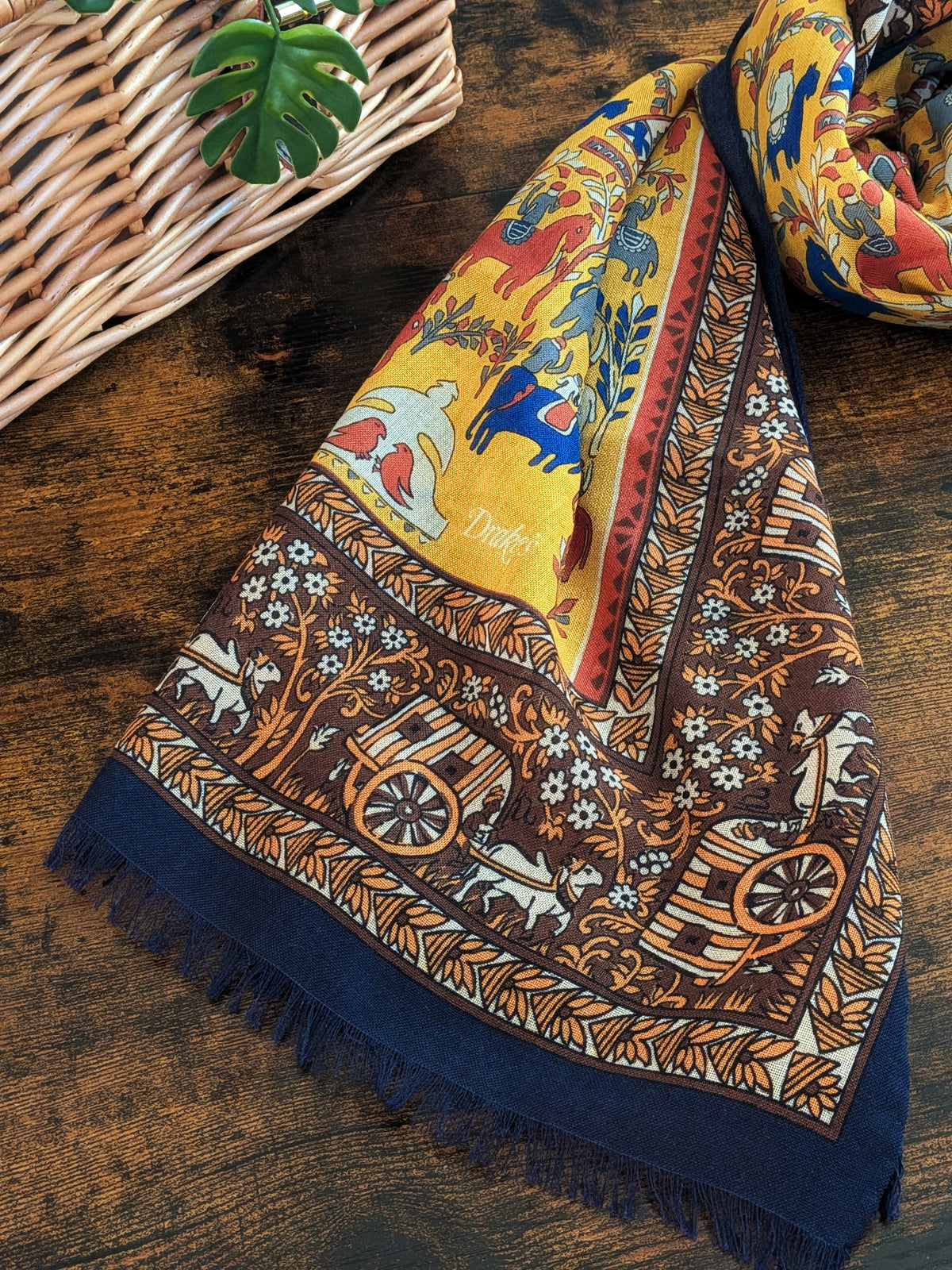 Gold Elephant Village Print Wool-Silk Scarf
