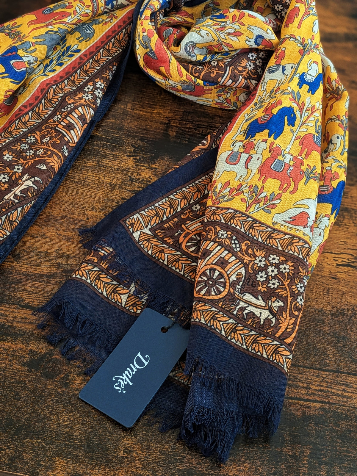 Gold Elephant Village Print Wool-Silk Scarf
