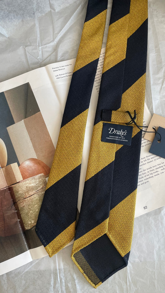 Drakes Yellow Dark Navy Block Striped Handmade Silk Tie With Tag
