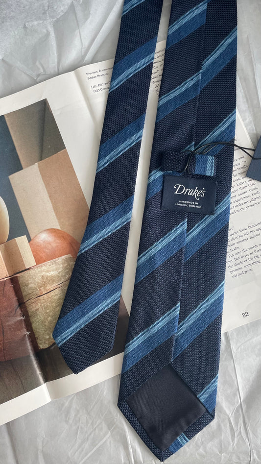 Drakes Dark and Light Blue Handmade Striped Silk Tie With Tag