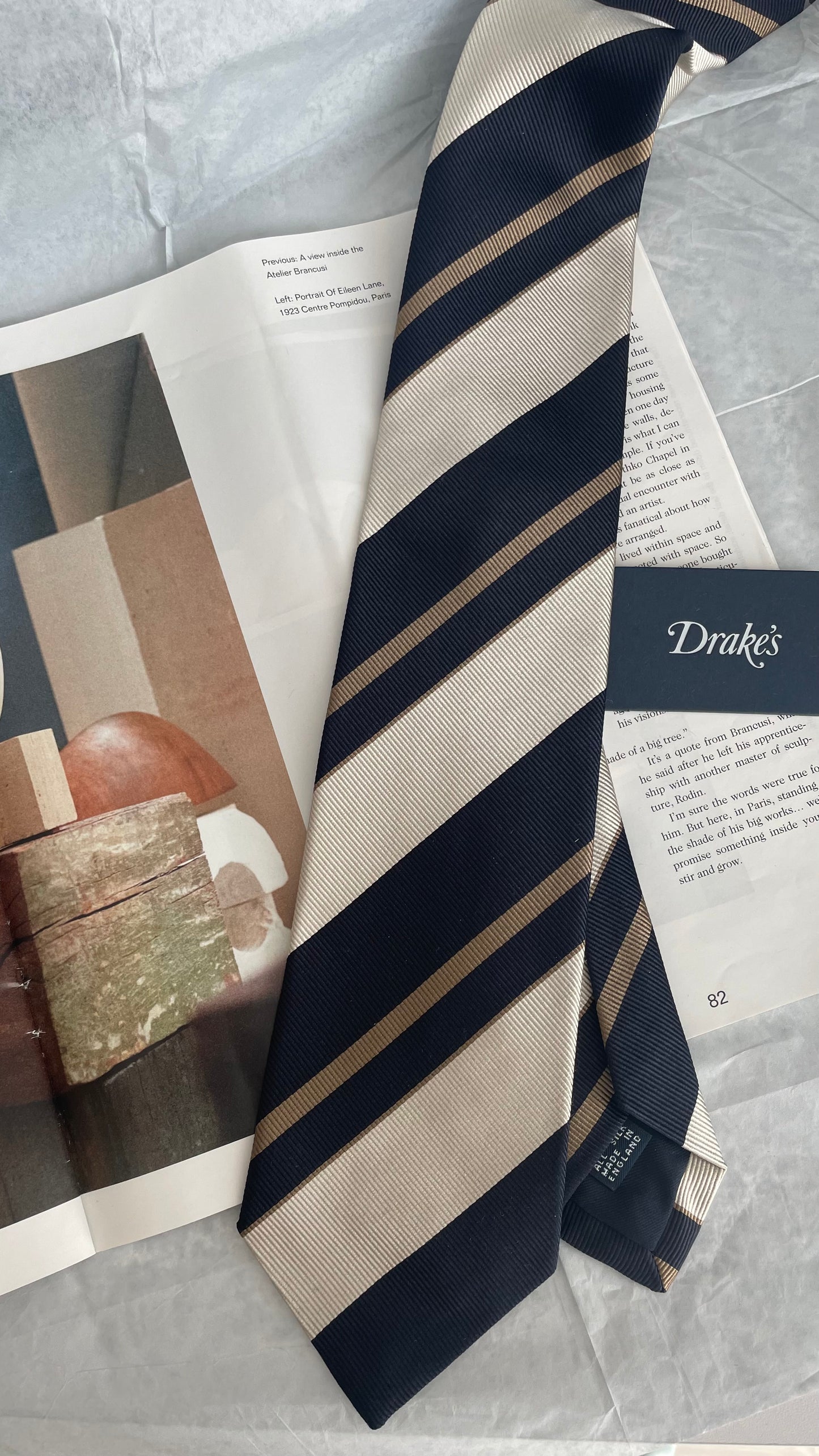 Drake's Navy, White and Fawn Stripe Repp Silk Tipped Tie