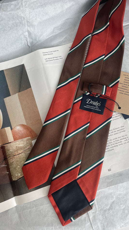 Drakes Orange Greene Striped Handmade Silk Tie With Tag
