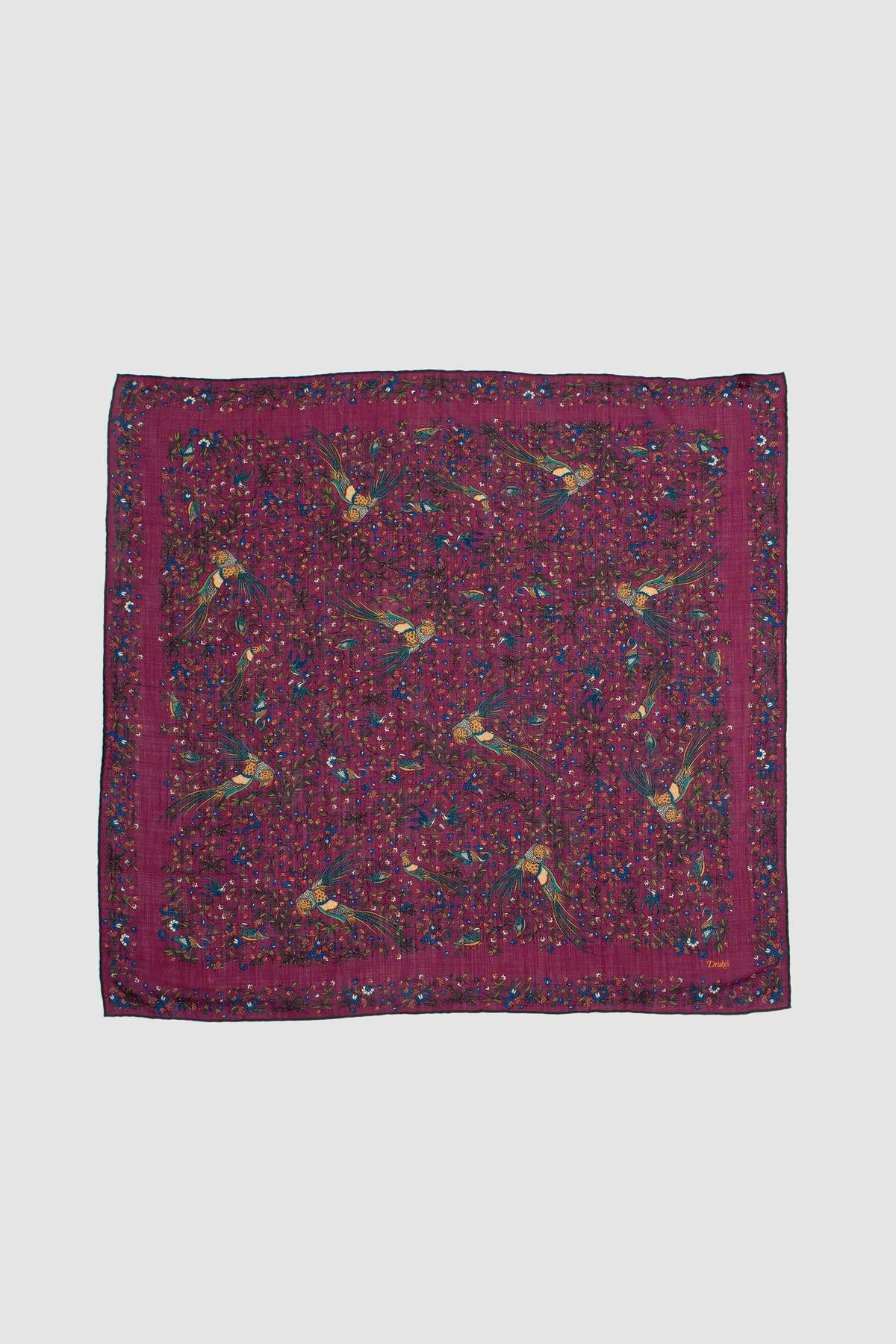 Drake‘s Magenta Birds of Paradise Print Wool-Silk Square Scarf Limited Edition