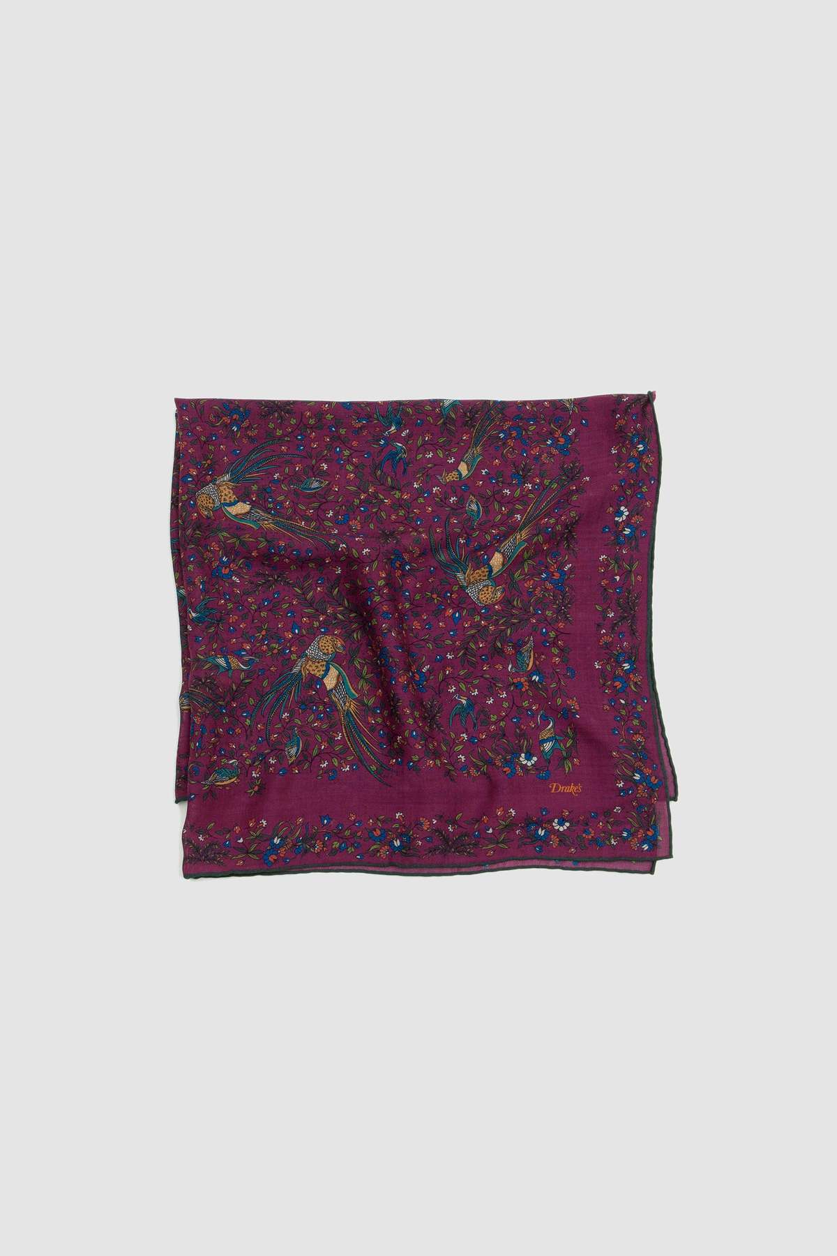 Drake‘s Magenta Birds of Paradise Print Wool-Silk Square Scarf Limited Edition