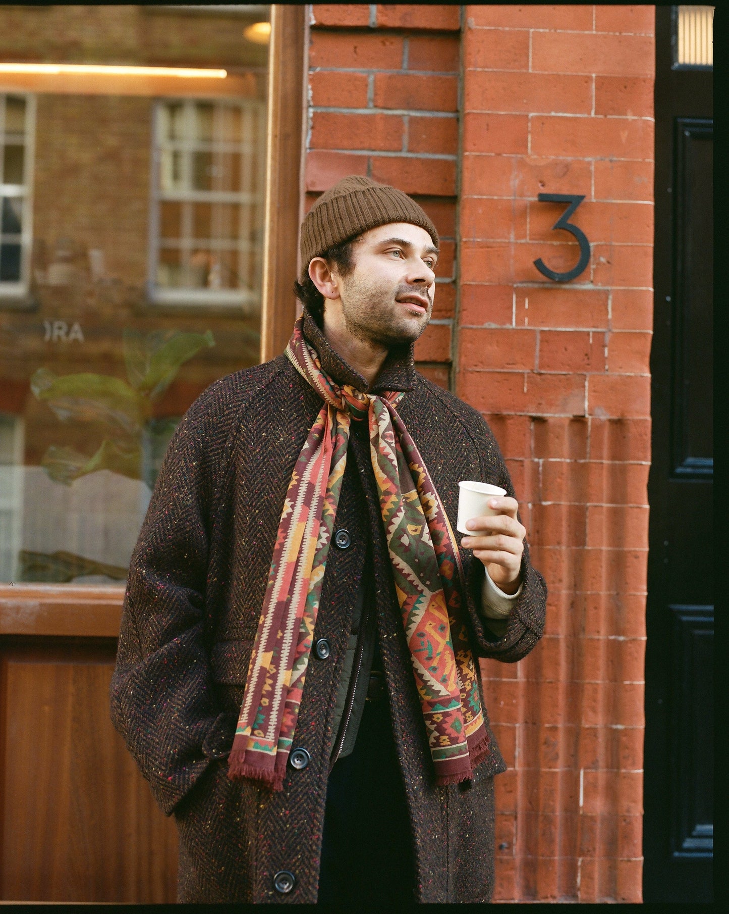 Drake‘s Brown Kilim Print Wool-Silk Scarf