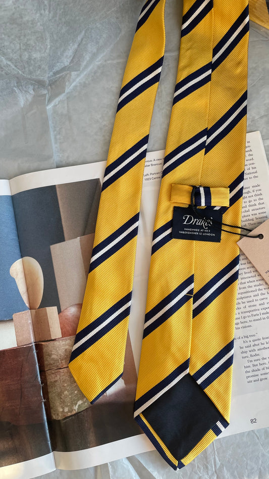 Drake's Yellow, Navy and White Striped Handmade Silk Tie With Tag