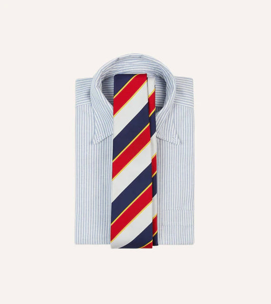 Drake's Navy, Red and White Block Stripe Repp Silk Tipped Tie