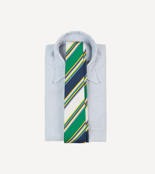 Drake's Navy, Green, Yellow and White Stripe Mogador Silk Tipped Tie