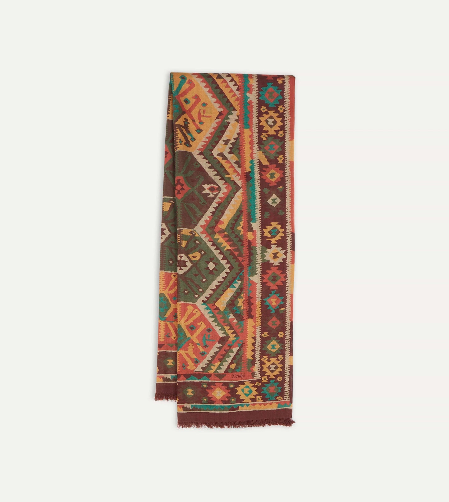 Drake‘s Brown Kilim Print Wool-Silk Scarf