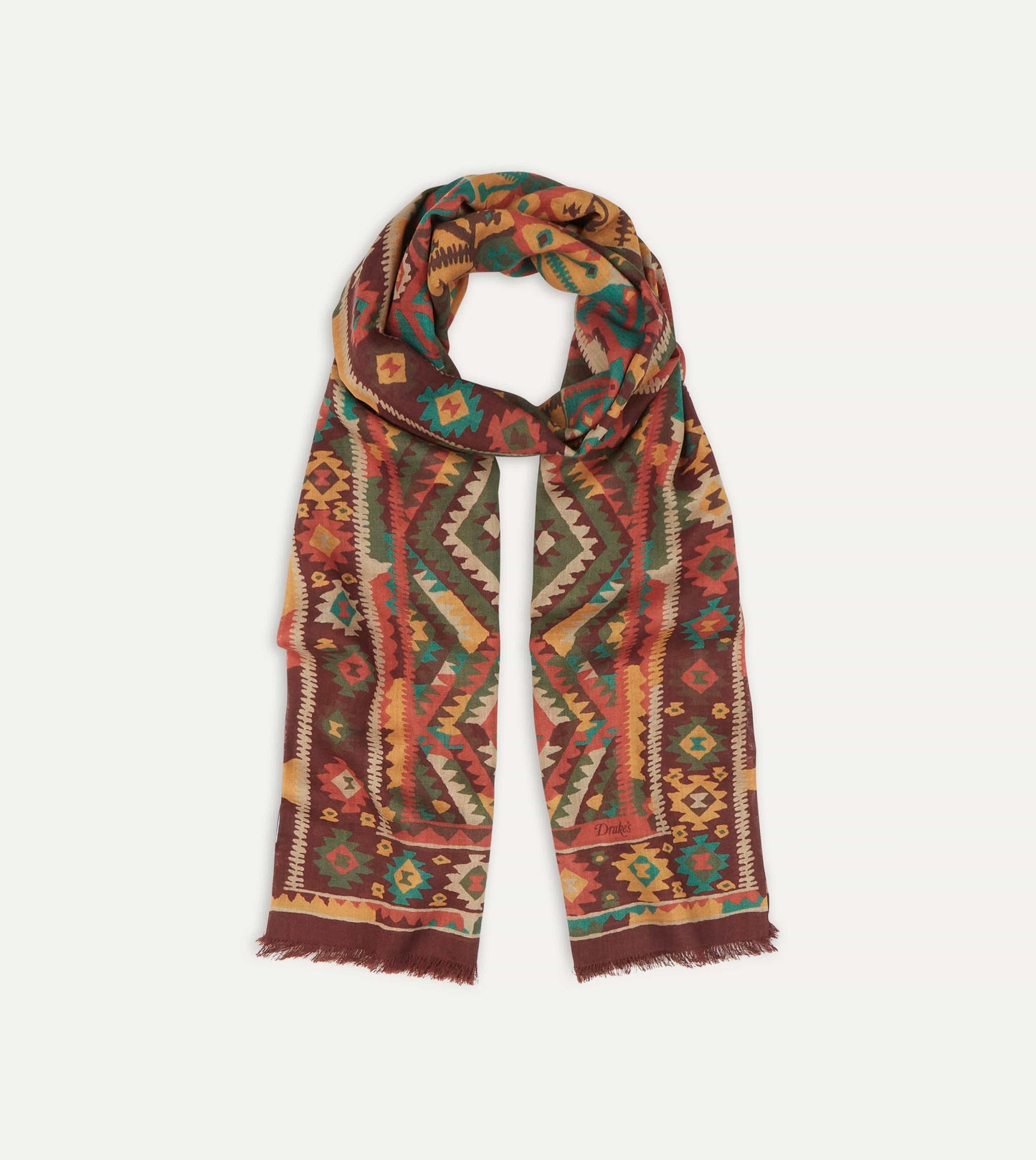 Drake‘s Brown Kilim Print Wool-Silk Scarf