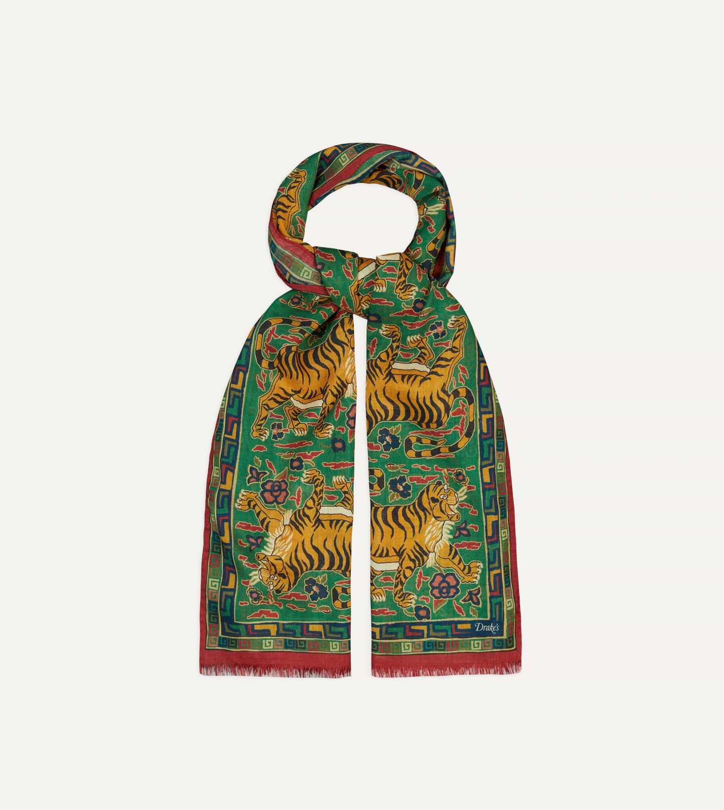 Drake's Green Red Jumbo Tiger Print Wool-Silk Scarf