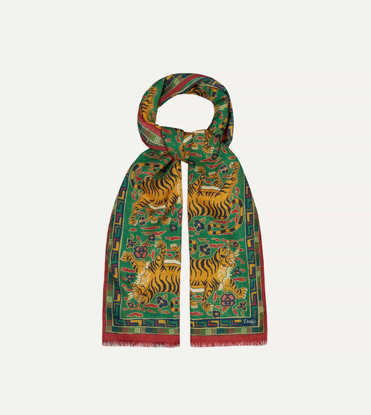 Drake's Green Red Jumbo Tiger Print Wool-Silk Scarf