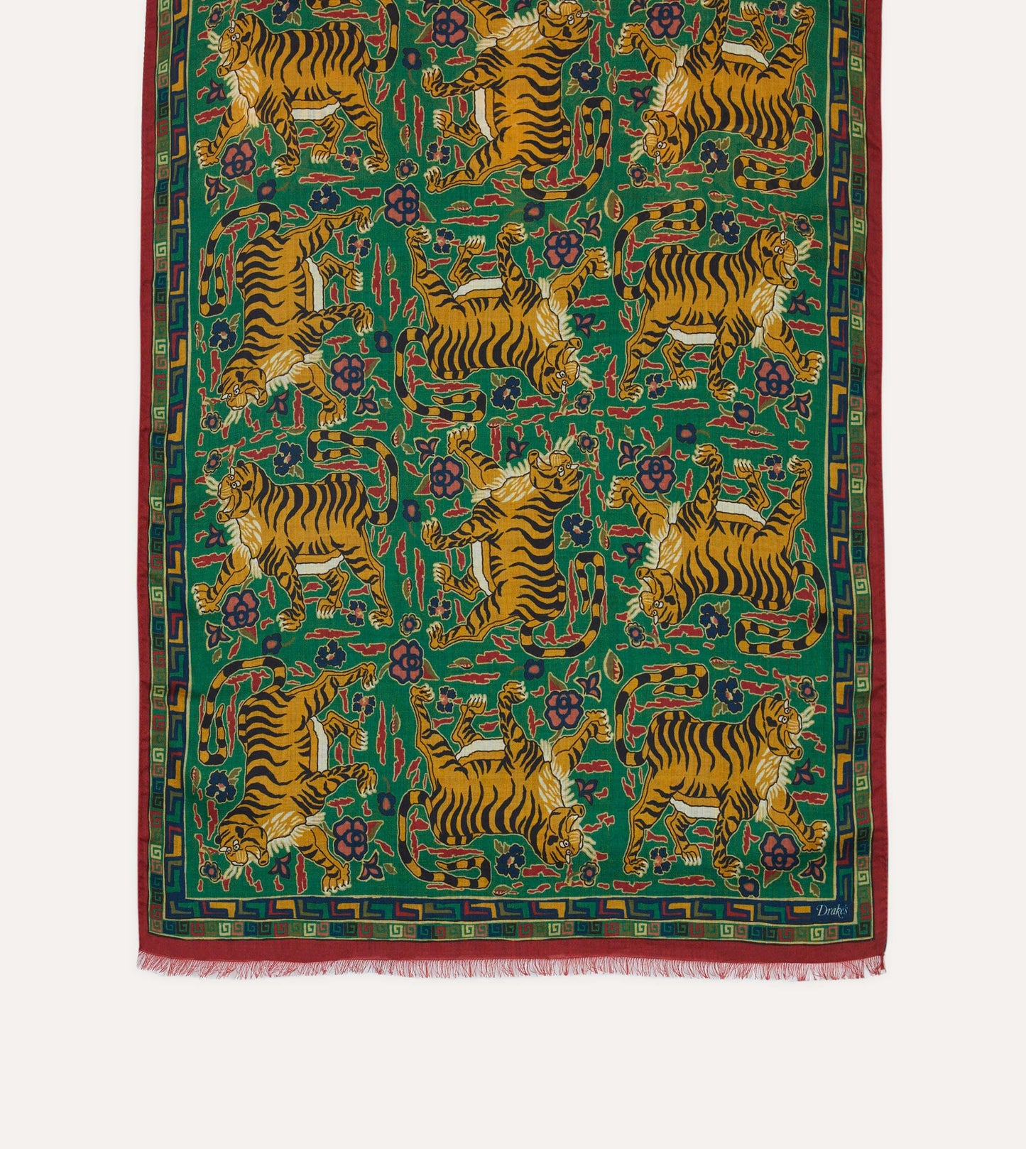 Drake's Green Red Jumbo Tiger Print Wool-Silk Scarf