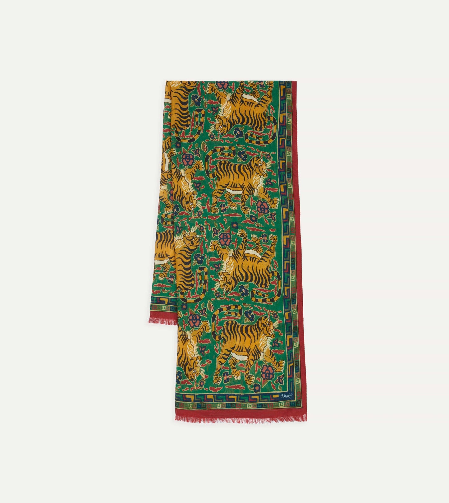 Drake's Green Red Jumbo Tiger Print Wool-Silk Scarf
