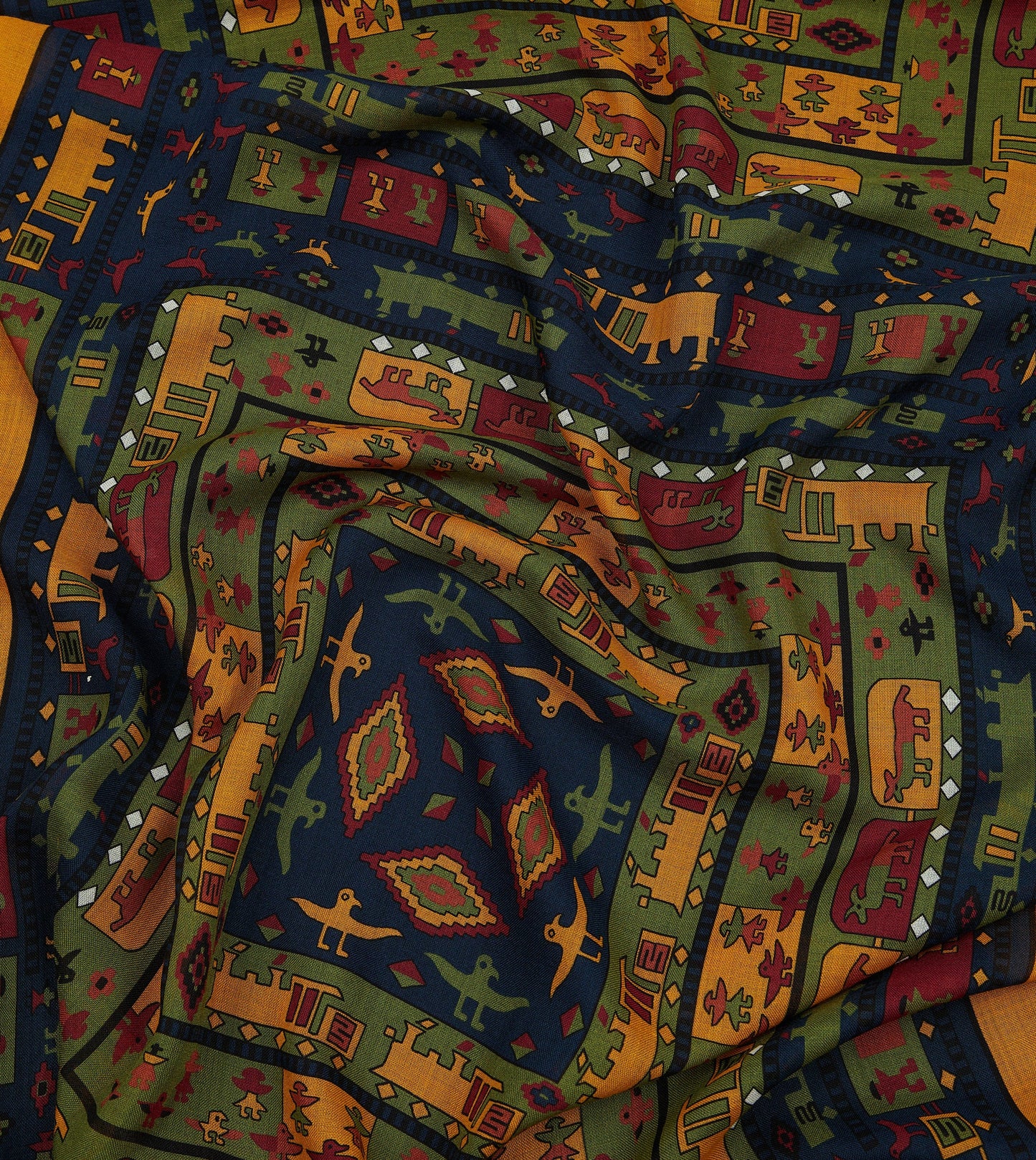 Drake's Navy and Yellow Navajo Print Wool-Silk Scarf