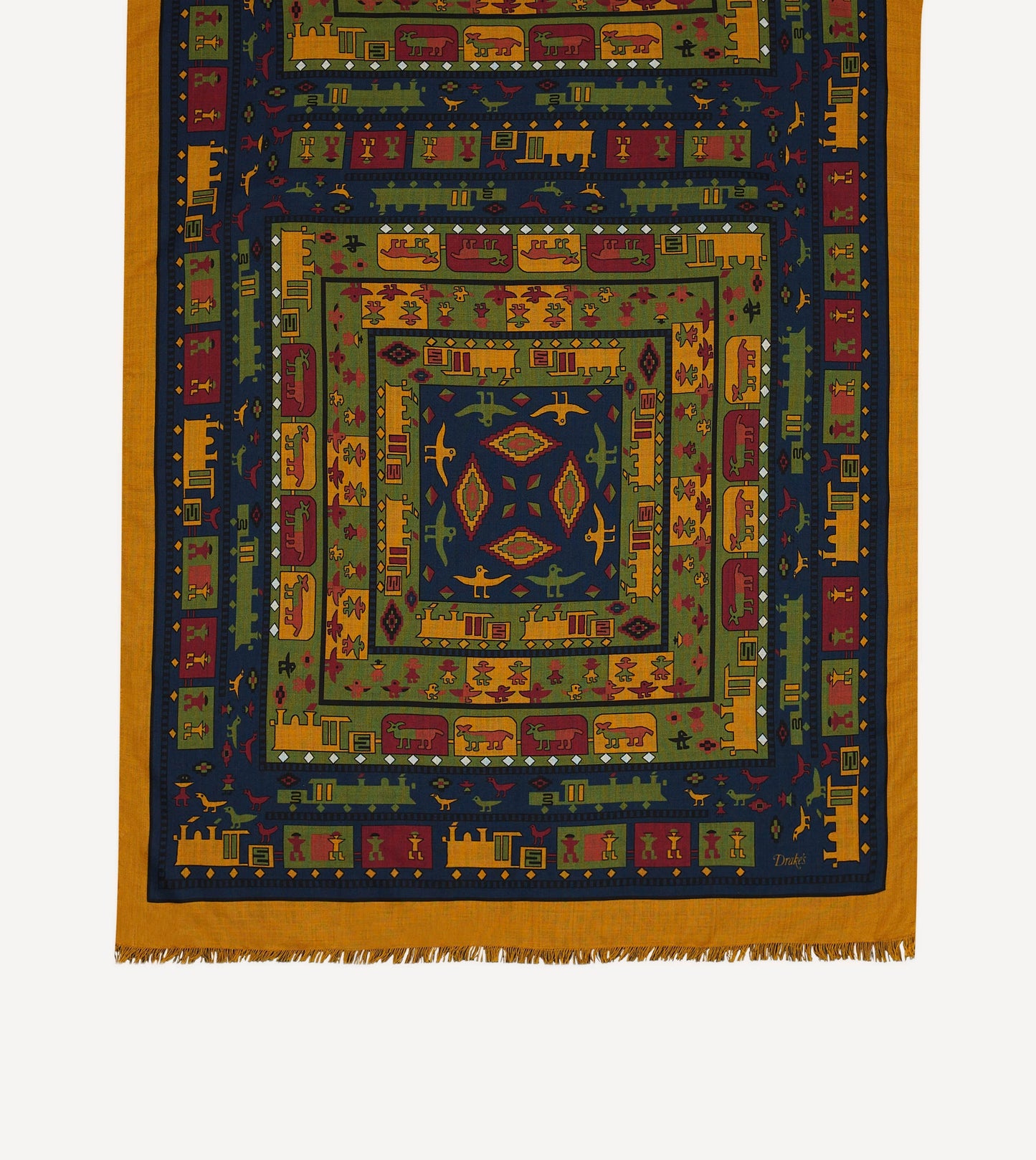 Drake's Navy and Yellow Navajo Print Wool-Silk Scarf