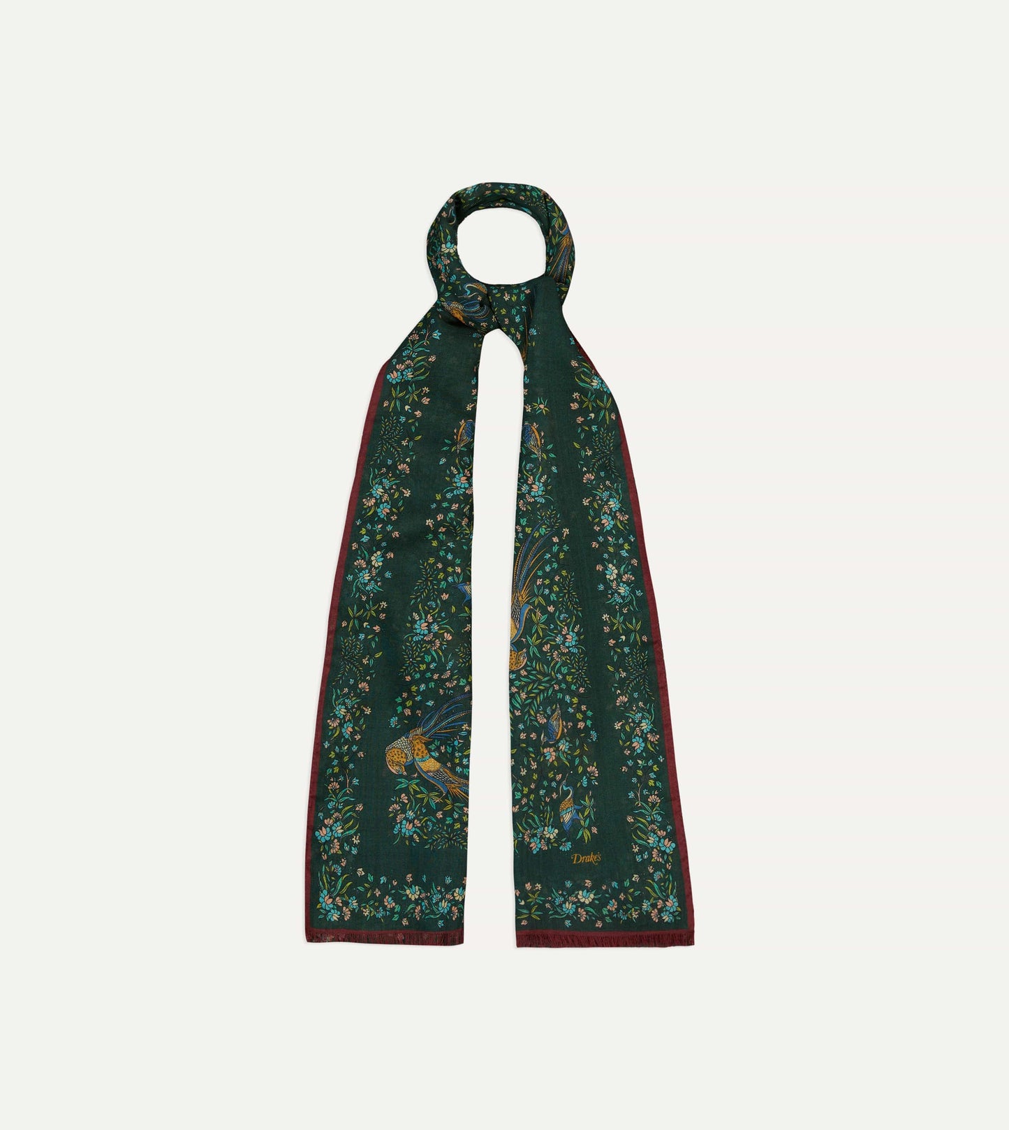 Drake‘s Green Floral Birds of Paradise Print Wool-Silk Scarf Limited Edition