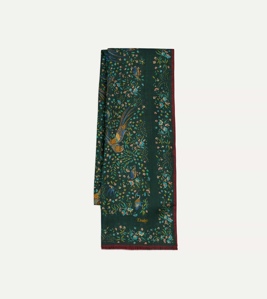 Drake‘s Green Floral Birds of Paradise Print Wool-Silk Scarf Limited Edition