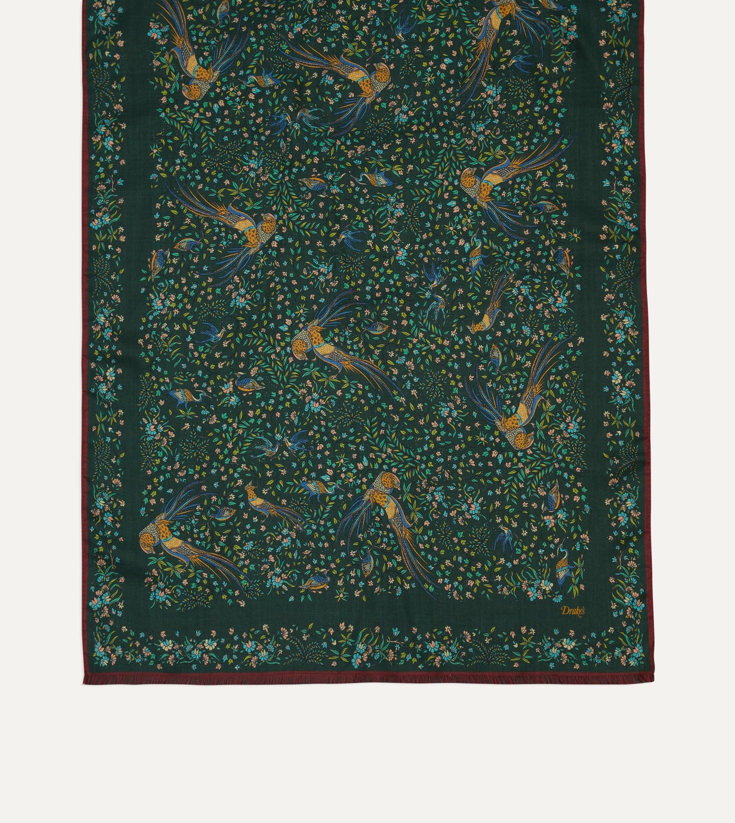 Drake‘s Green Floral Birds of Paradise Print Wool-Silk Scarf Limited Edition
