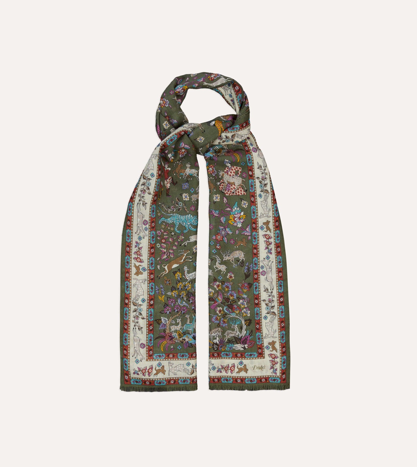 Drake's Green Summer Mughal Print Wool Silk Scarf Limited Edition