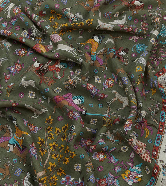 Drake's Green Summer Mughal Print Wool Silk Scarf Limited Edition