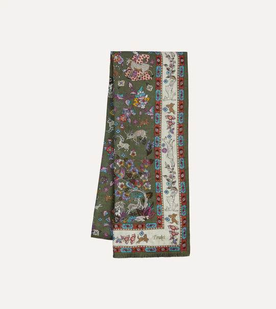 Drake's Green Summer Mughal Print Wool Silk Scarf Limited Edition