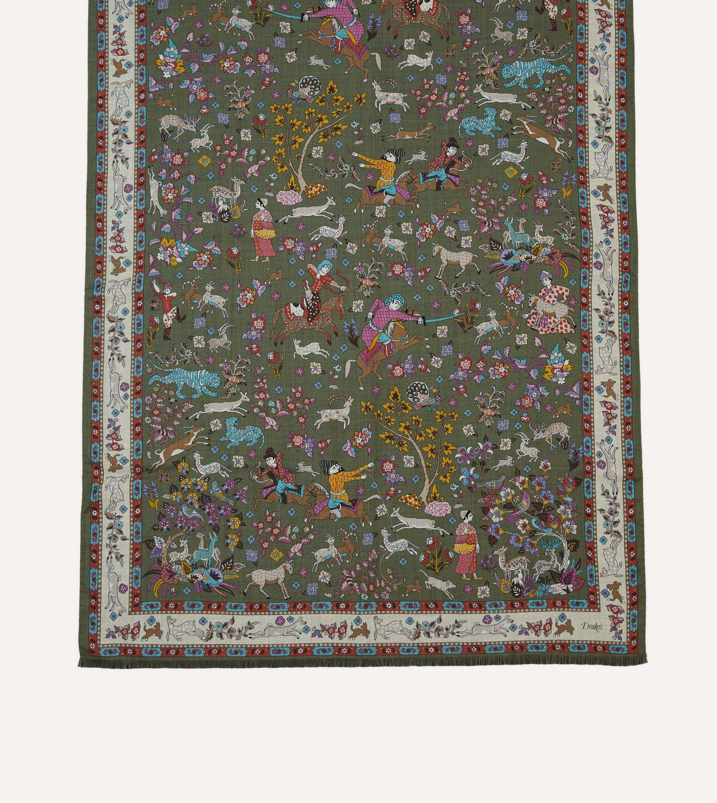 Drake's Green Summer Mughal Print Wool Silk Scarf Limited Edition