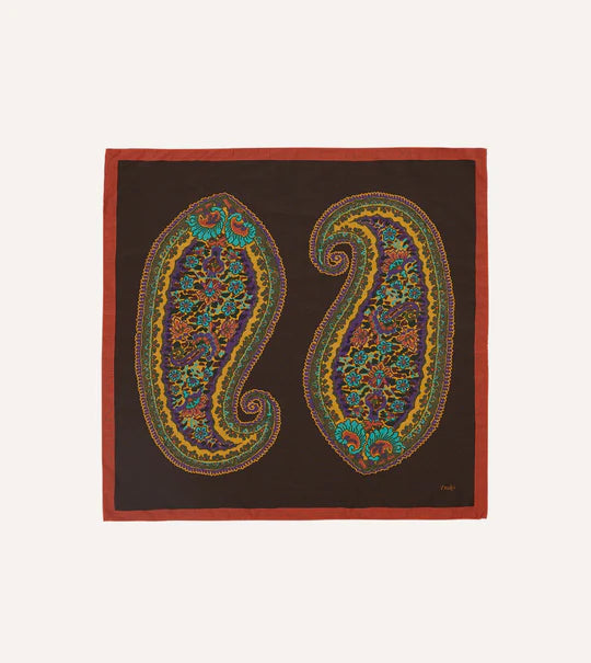 Drake's Brown Large Paisley Print Wool-Silk Bandana