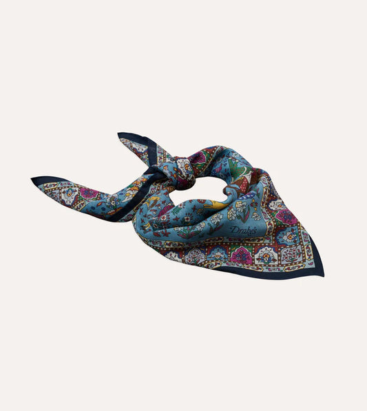 Drake's Navy Floral Mughal Print Wool-Silk Bandana Limited Edition