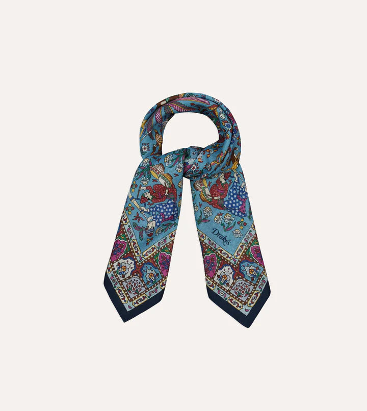 Drake's Navy Floral Mughal Print Wool-Silk Bandana Limited Edition