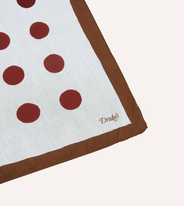 Drake's Brown, Ecru and Red Large Spots Print Cotton-Silk Pocket Square
