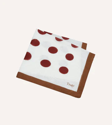 Drake's Brown, Ecru and Red Large Spots Print Cotton-Silk Pocket Square