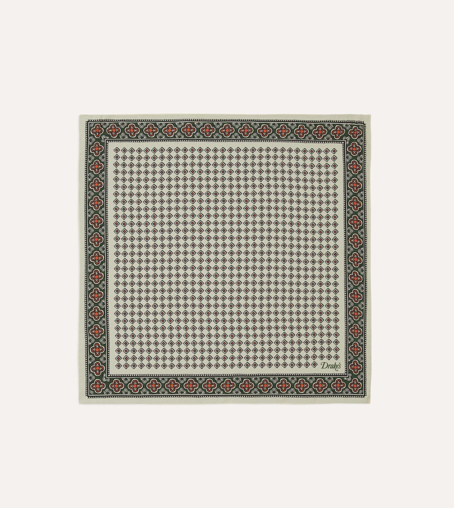 Drake's Ecru Vintage Tile Print Silk Pocket Square