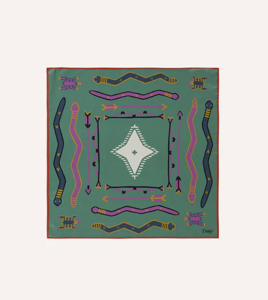 Drake's Olive and Rust Tribal Print Silk Pocket Square