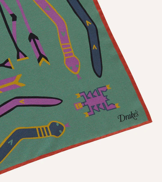 Drake's Olive and Rust Tribal Print Silk Pocket Square