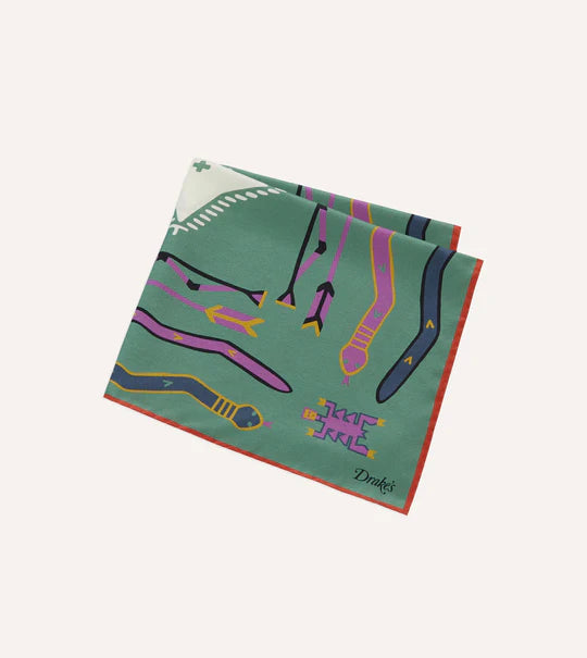 Drake's Olive and Rust Tribal Print Silk Pocket Square