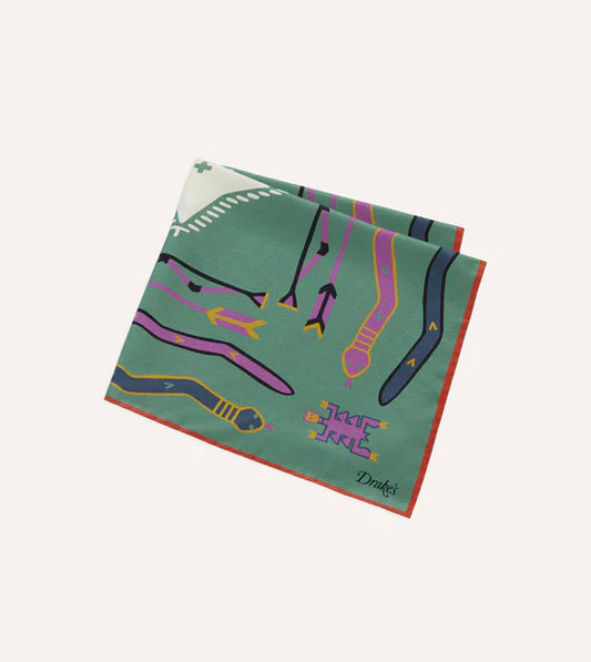 Drake's Olive and Rust Tribal Print Silk Pocket Square