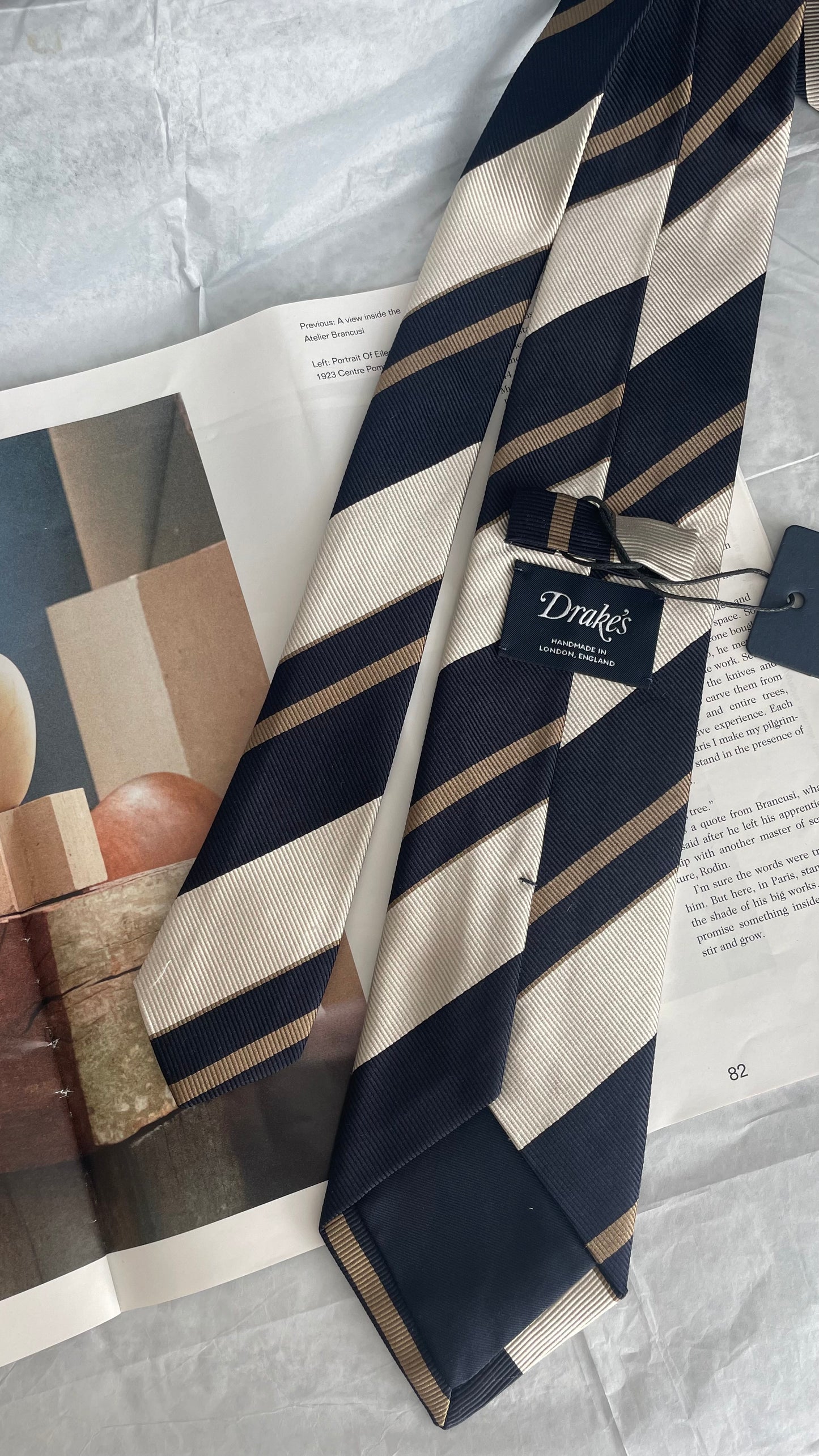 Drake's Navy, White and Fawn Stripe Repp Silk Tipped Tie
