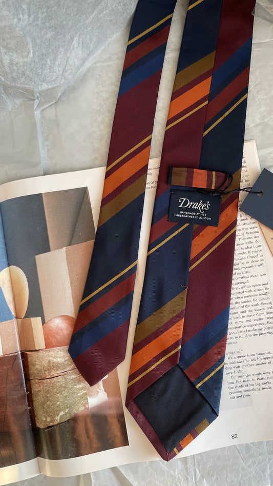 Drake's Multicoloured Striped Handmade Silk Tie With Tag