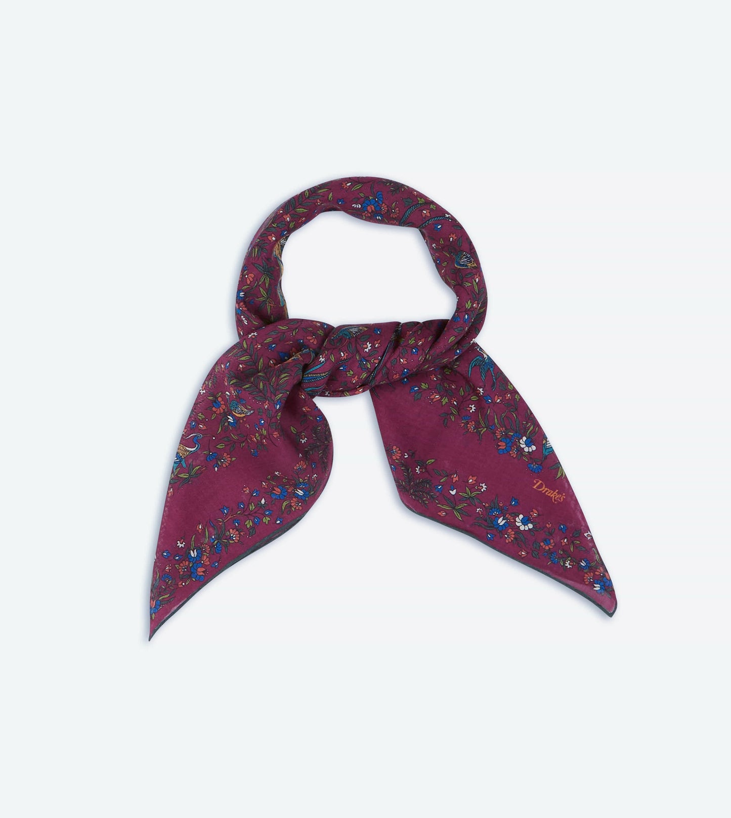 Drake‘s Magenta Birds of Paradise Print Wool-Silk Square Scarf Limited Edition