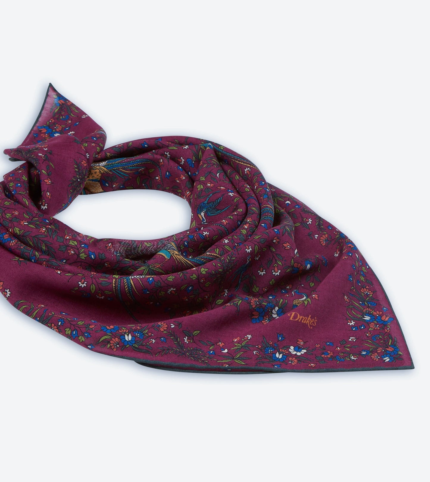 Drake‘s Magenta Birds of Paradise Print Wool-Silk Square Scarf Limited Edition