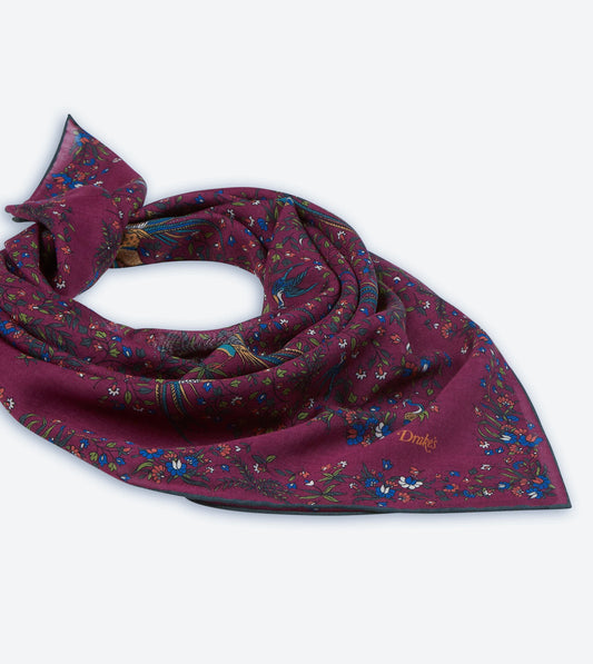 Drake‘s Magenta Birds of Paradise Print Wool-Silk Square Scarf Limited Edition