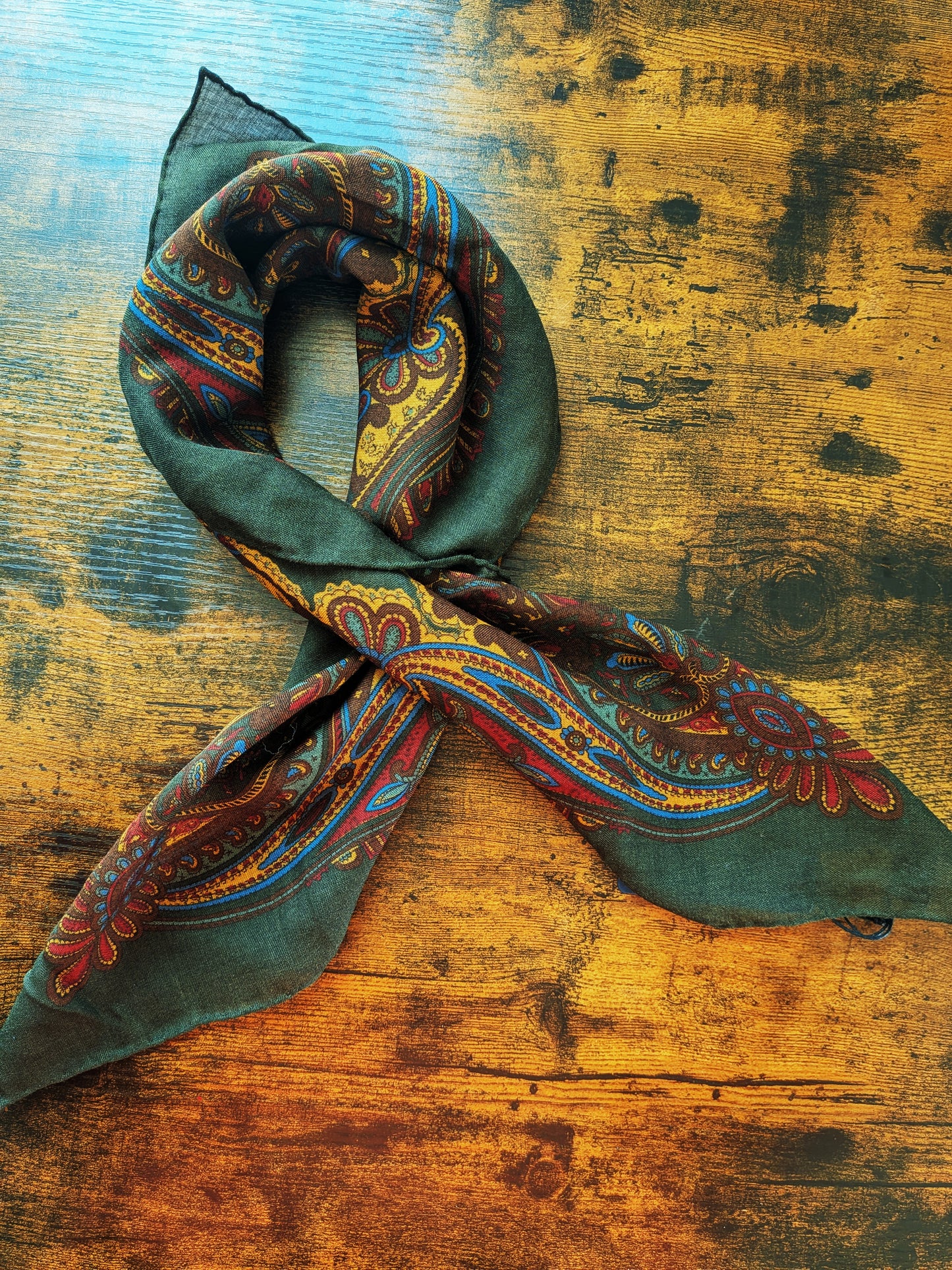 Drake's Green Large Paisley Floral Print Wool-Silk Bandana