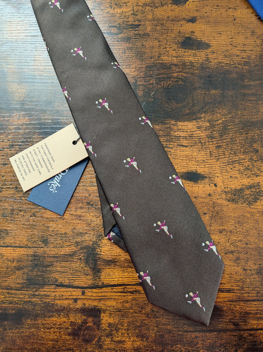 New Drakes Dark Brown Football  Motif Handmade Tipped Silk Tie With Tag Limited Edition