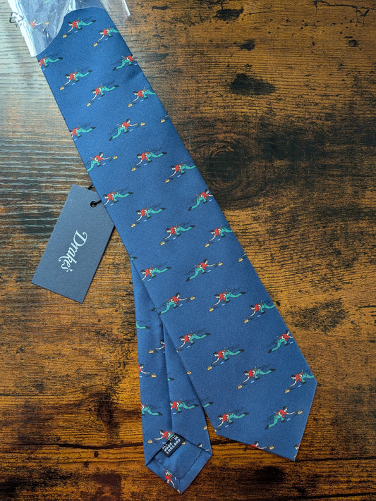 New Drake's  Blue Curling Motif Handmade Tipped Silk Tie With Tag Limited Edition