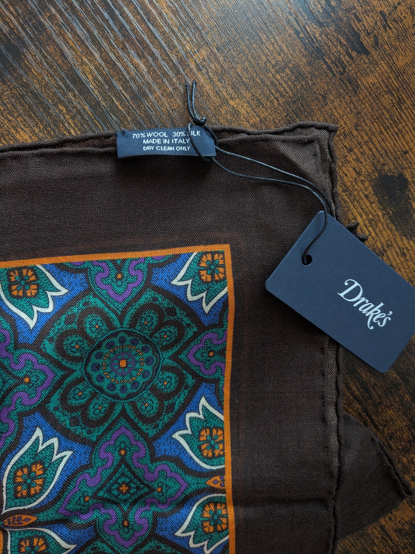 Drake's Brown Blue Large Paisley Floral Print Wool-Silk Bandana