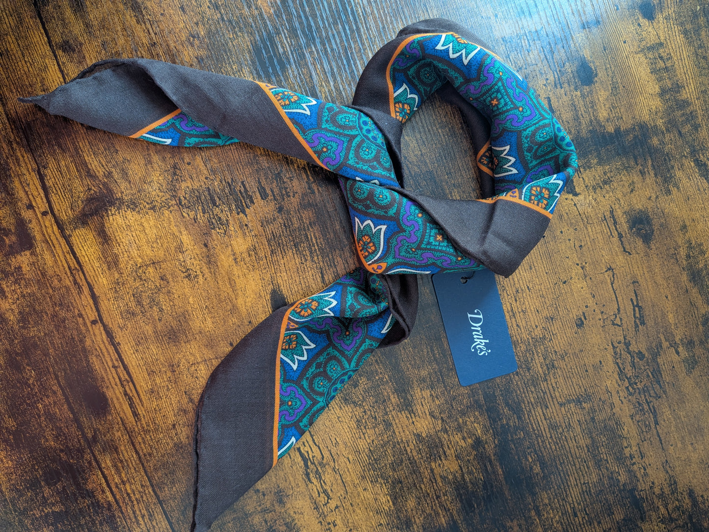 Drake's Brown Blue Large Paisley Floral Print Wool-Silk Bandana