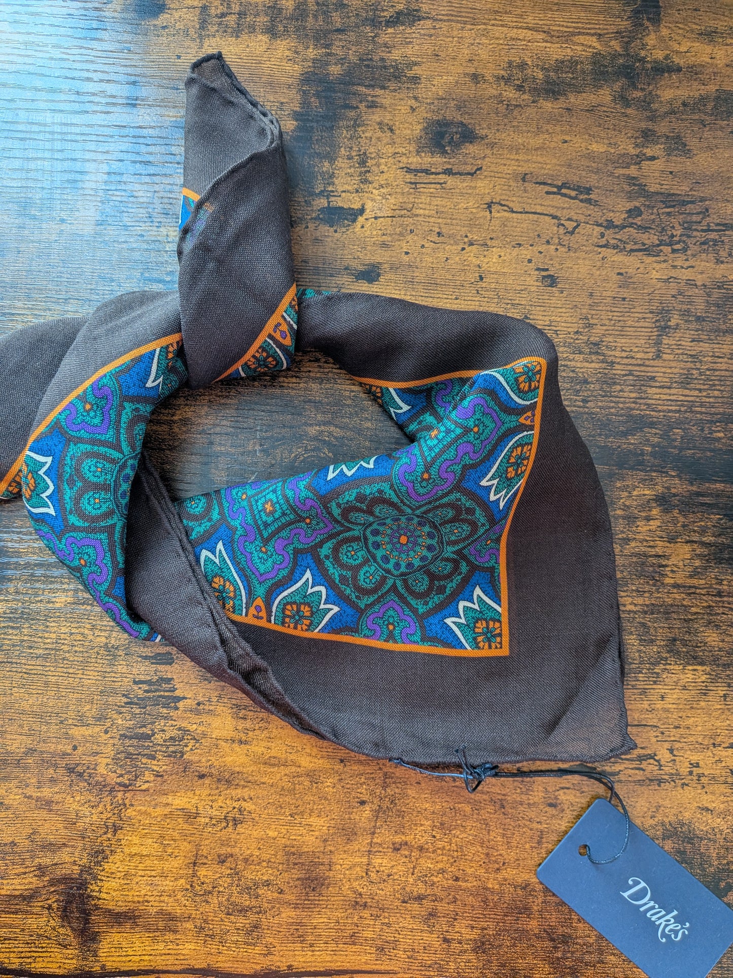 Drake's Brown Blue Large Paisley Floral Print Wool-Silk Bandana