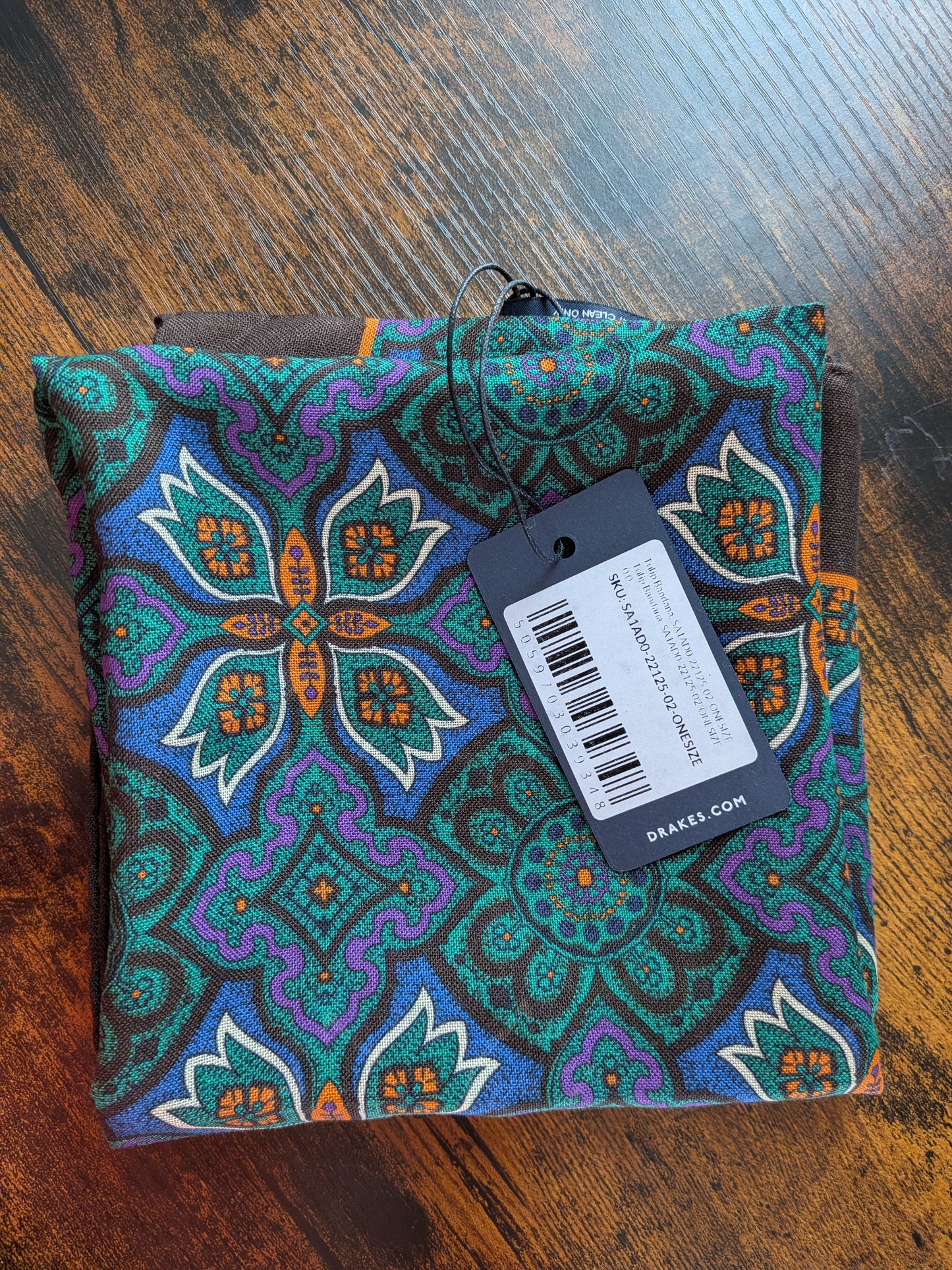 Drake's Brown Blue Large Paisley Floral Print Wool-Silk Bandana