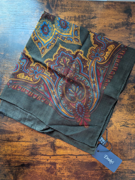 Drake's Green Large Paisley Floral Print Wool-Silk Bandana